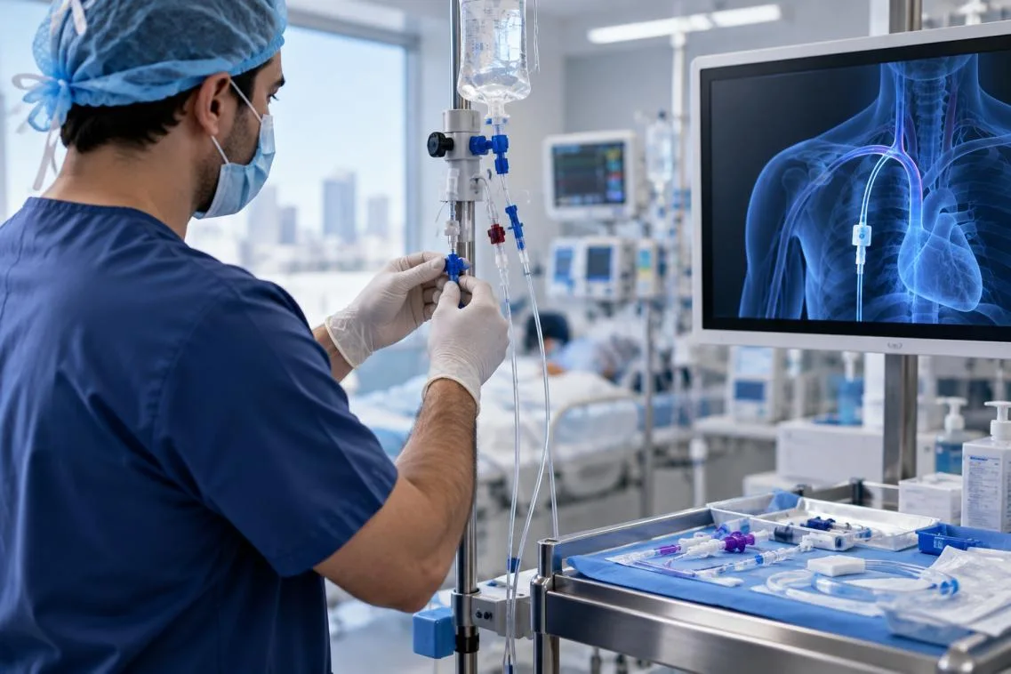 Company-profile illustration of vascular-access equipment and clinical monitoring