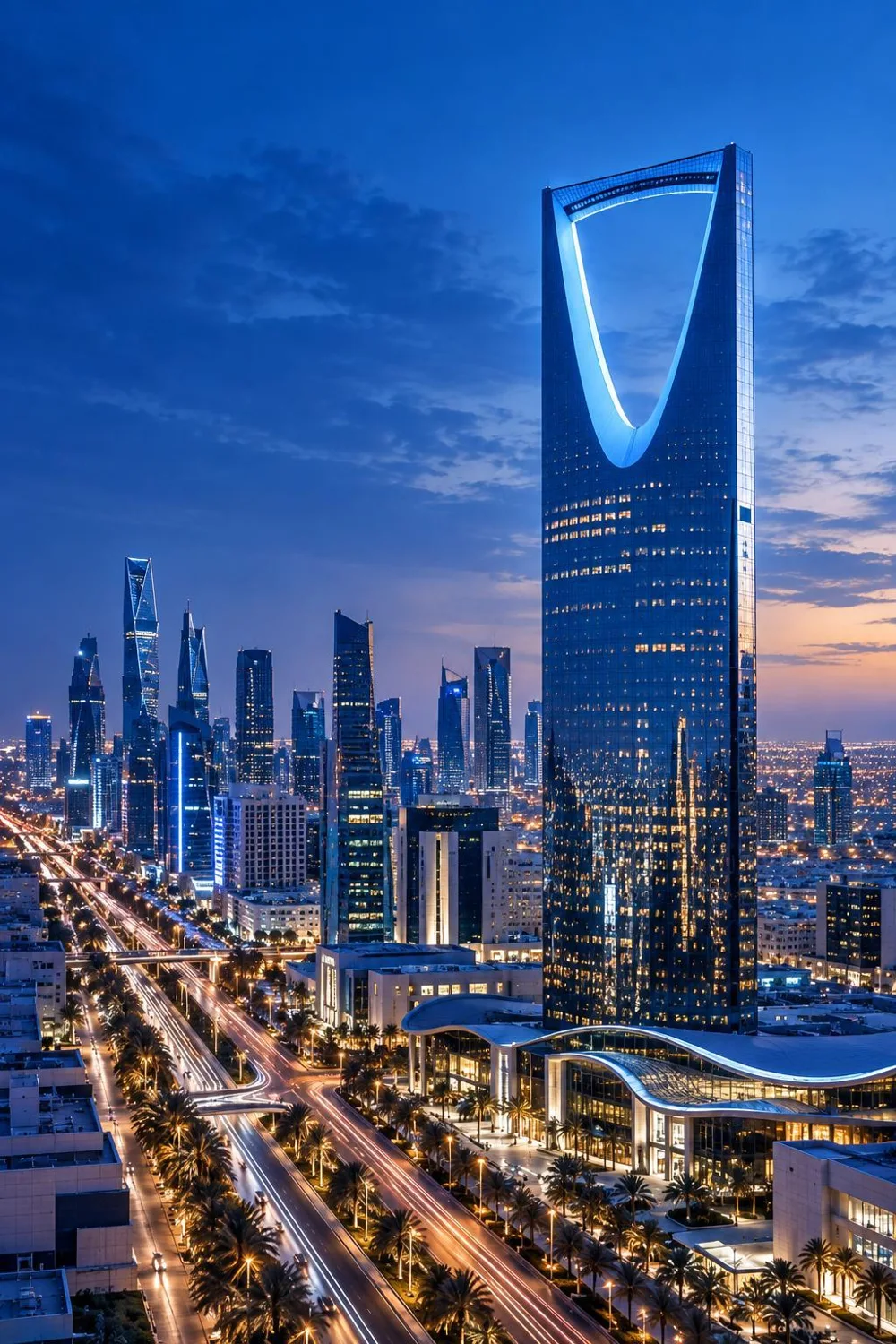 Kingdom Centre and the Riyadh skyline at dusk