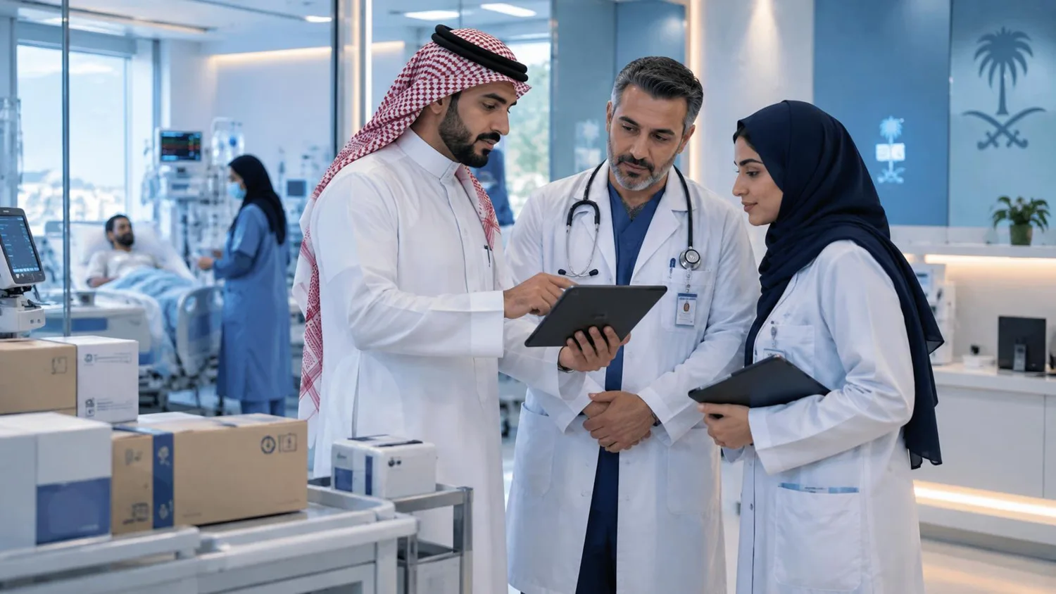 Saudi healthcare professionals collaborating in a clinical setting